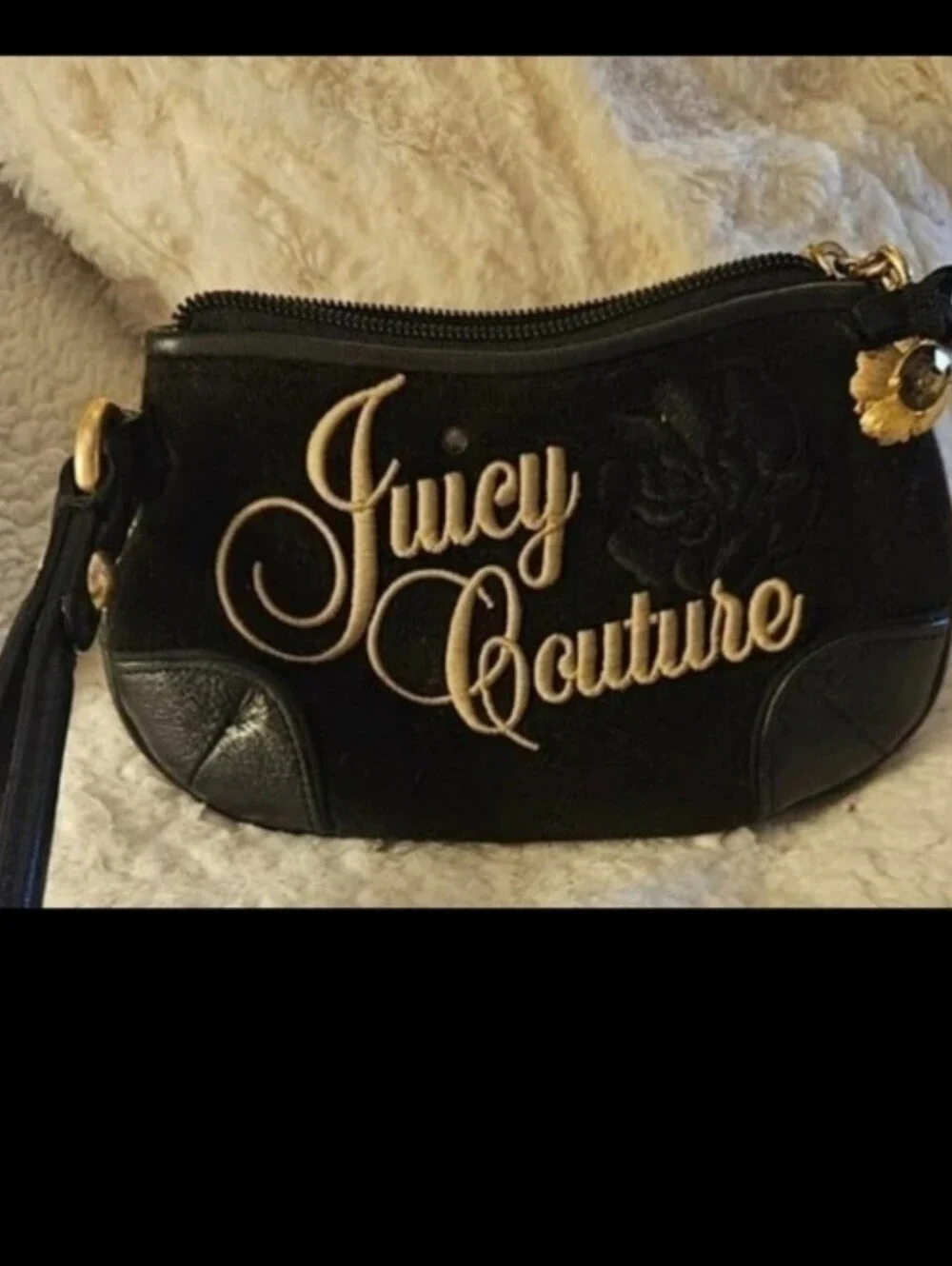 Juicy Couture Y2 Black Velour Wristlet Clutch Gold Embroidered Logo & Charm